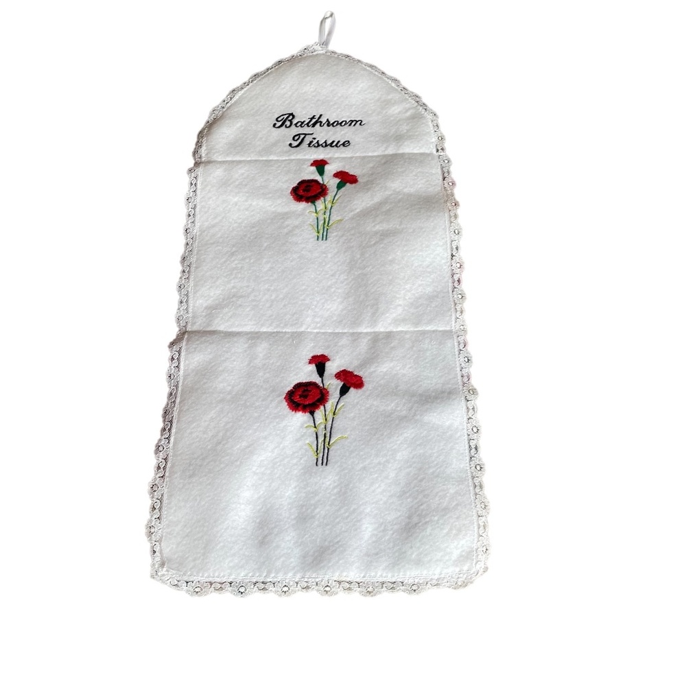 Hand Embroidered Two Compartments Red flower Toilet‎ Tissue Roll Holder, NEW